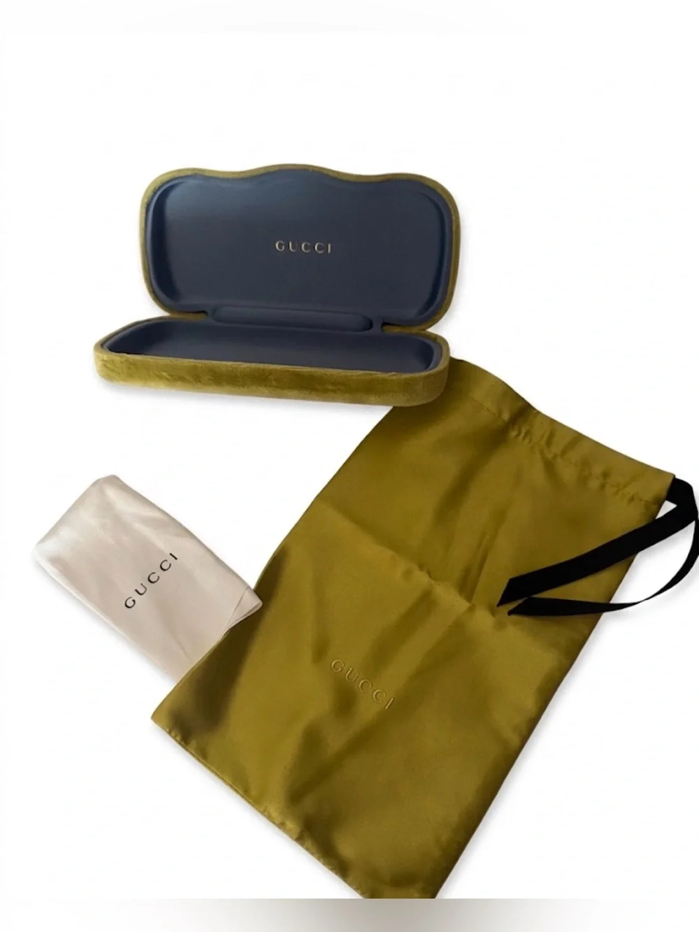 Gucci Olive Green Velvet Glasses Case with Olive Drawstring Pouch